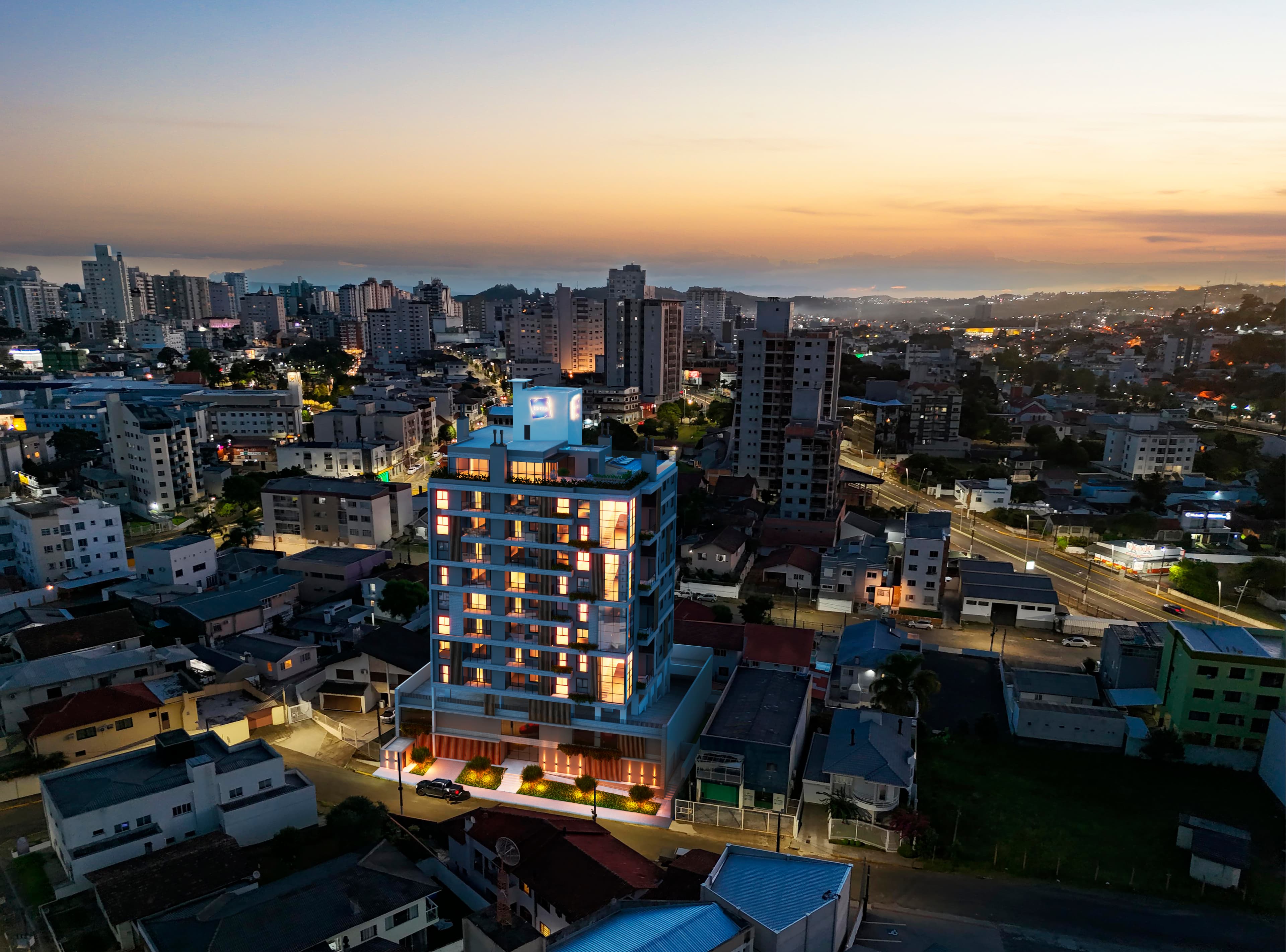 Vista aérea da cidade de Lages ao entardecer